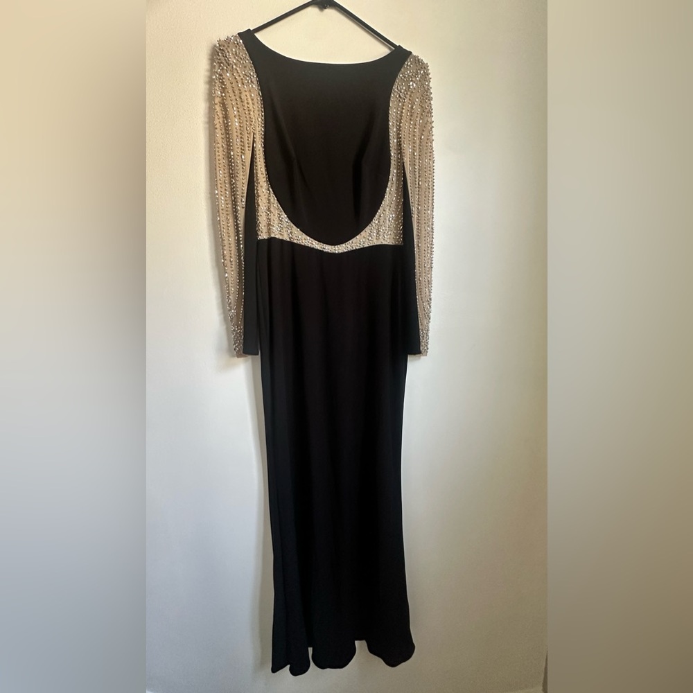 XScape - Black Gown w/ Nude Mesh Embellished Sleeves